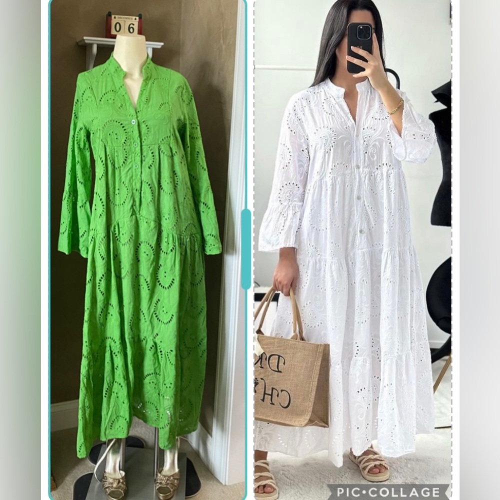 Paris style Green eyelet English Embroidery Bell Sleeve Maxi Dress high low